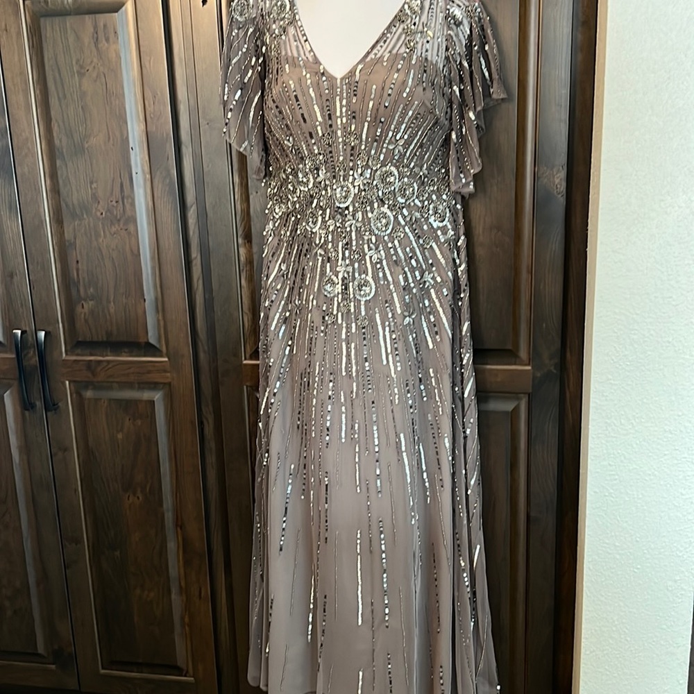 Mori Lee MGNY V neck flutter sleeve beaded sheath gown #72532 Charcoal